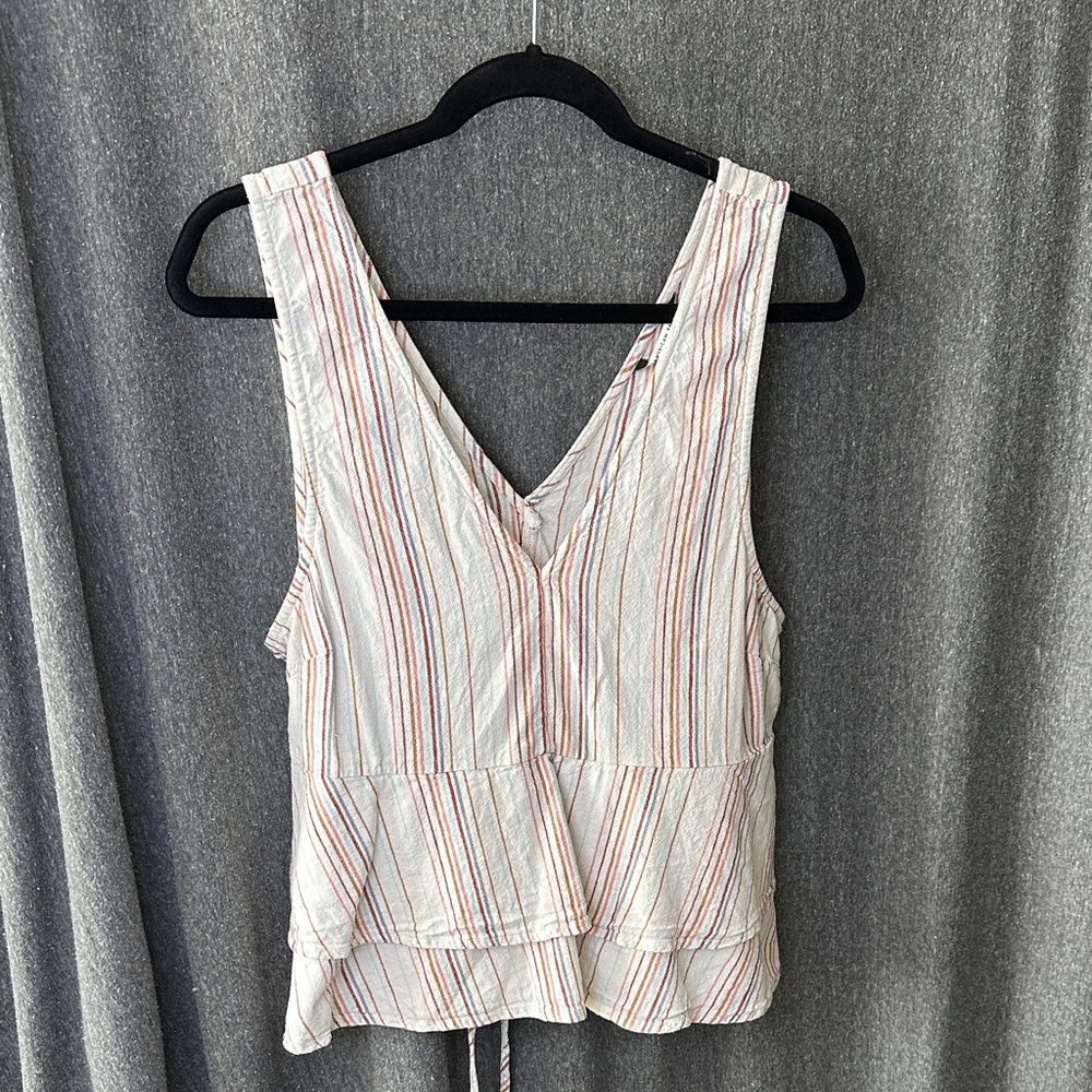 American Eagle Outfitters Striped V-Neck cotton/linen Blouse - maroon & cream